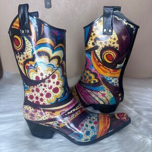 Nomad Yippy - Turquoise Monet Rubber Cowboy Boots Size 9